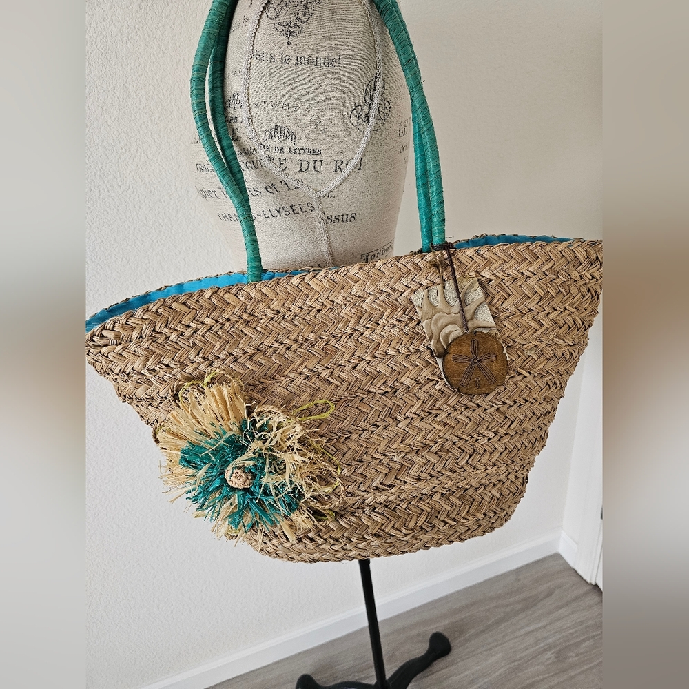 Sun 'N' Sand Woven Straw Beach Tote - Teal & Tan Boho Bag with Raffia Flower
